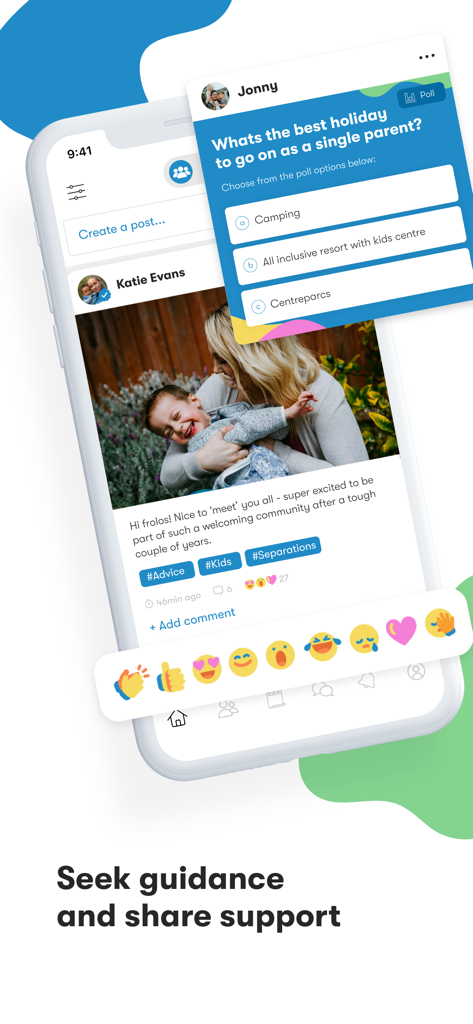 Frolo - single parent app - Interface of the Frolo app showing single parents sharing support and participating in polls within a community feed.