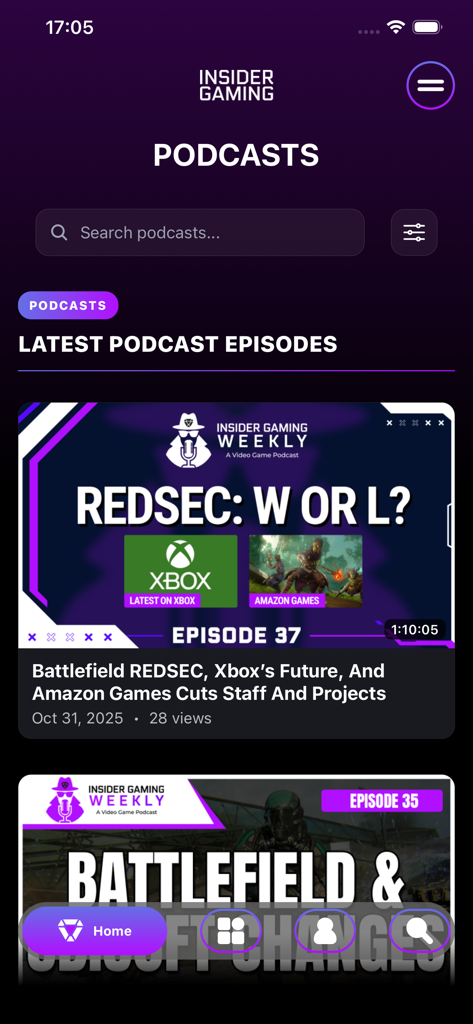 Screenshot of the Insider Gaming app podcasts section showing a list of the latest episodes about gaming industry news