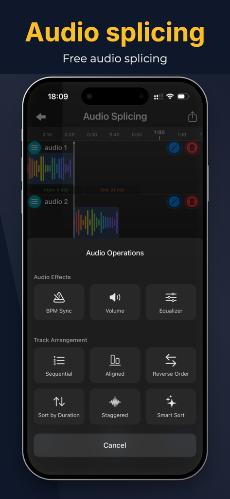 Interface d'assemblage audio avec arrangement de pistes et options d'effets audio