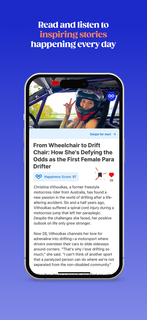 Goodable: The Happiness App - Screenshot of the Goodable app featuring an inspiring story about a female para drifter.