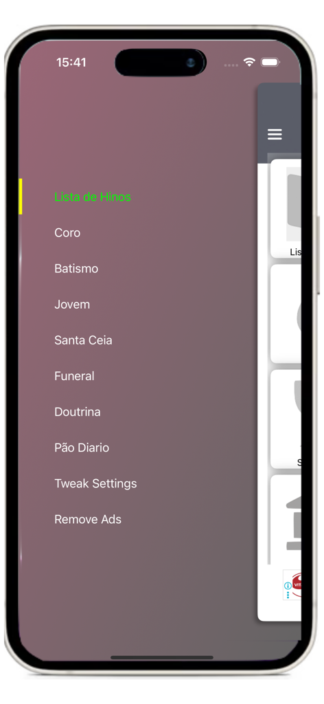 Hinário CCB Nº 05 - Side navigation menu of the Hinário CCB Nº 05 app displaying hymn categories in Portuguese