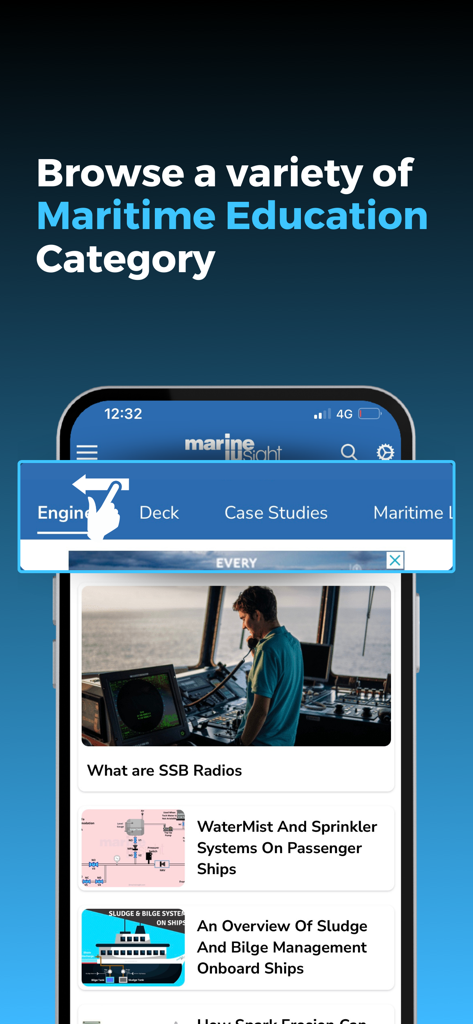 Marine Insight - Marine Insight app screen showing maritime education categories including Engine and Deck with technical articles on marine technology