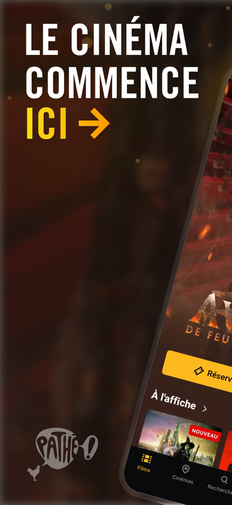 Captura de pantalla de la aplicación de cine Pathé France que muestra listados de cines y un lema promocional