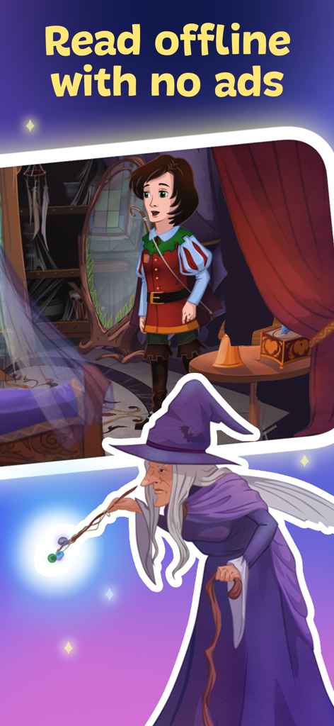 Books for Kids and Toddlers - Una escena de cuento de hadas con un príncipe y una bruja promocionando la lectura sin conexión y sin anuncios