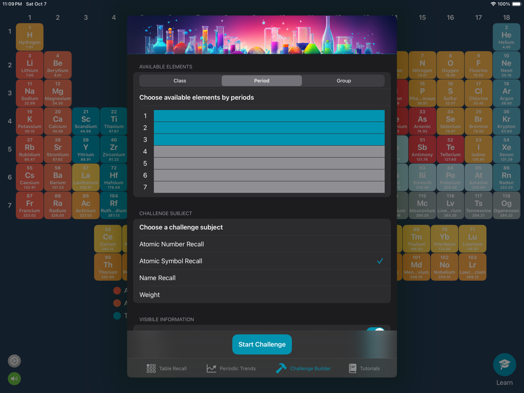 Chemistry Table: Learn+Explore - La interfaz del Constructor de Desafíos en la aplicación Chemistry Table que muestra la configuración del quiz de la tabla periódica en un iPad.