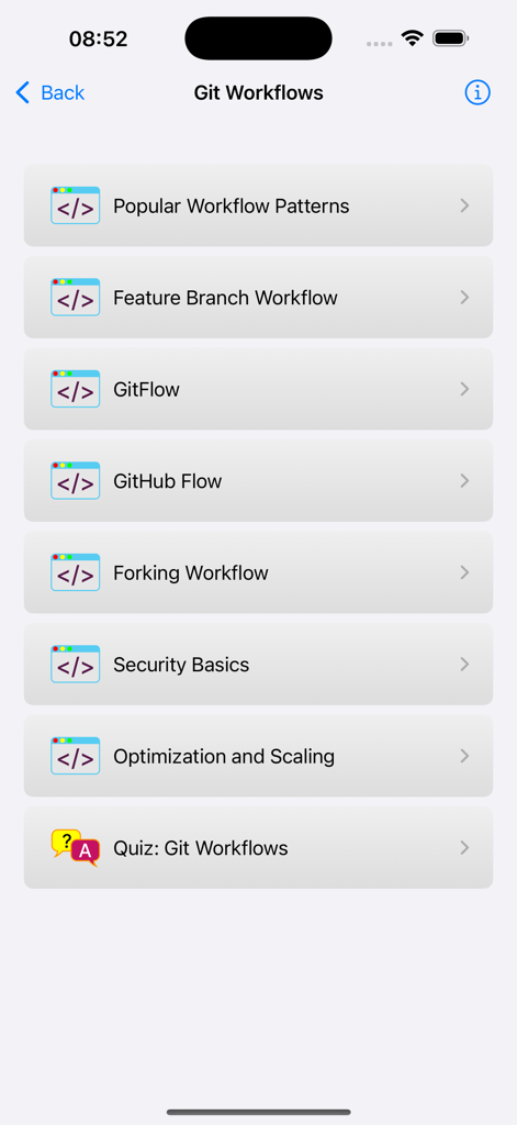 Mobile app screen showing a list of Git workflow tutorials and a quiz.