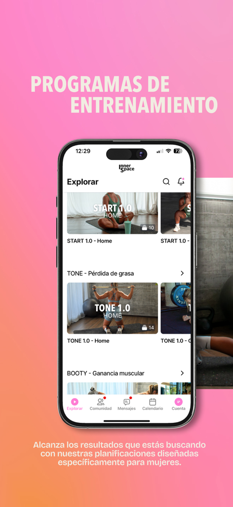 Inner Space - Inner Space app interface displaying fitness training programs for women including fat loss and muscle gain plans