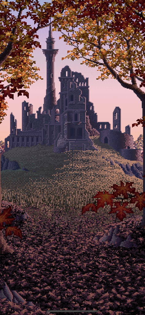 Living Worlds - Mark Ferrari - Pixel art of castle ruins on a hill with autumn foliage during a pink sunset