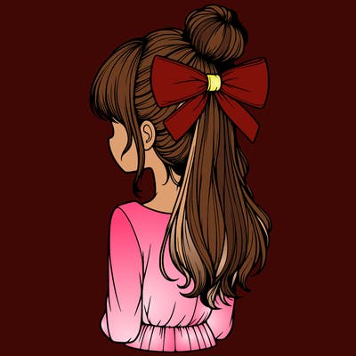 realistic girl  with hip length hair a bun and a big bow on the back of head