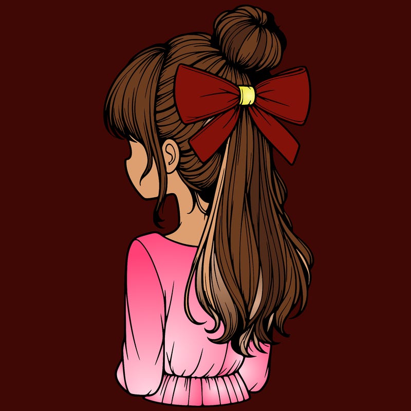realistic girl  with hip length hair a bun and a big bow on the back of head