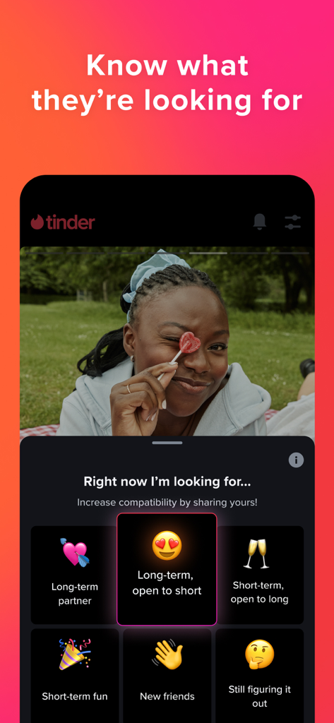 Tinder app interface showing relationship goals and dating intentions selection screen.