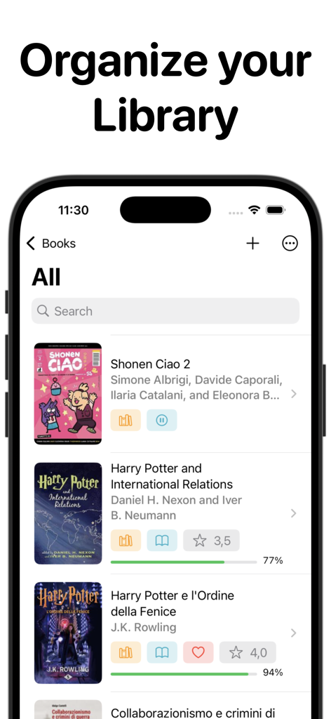 Bookshelf - Vox - Mobile app interface showing a personal book collection with reading progress tracking and book covers.