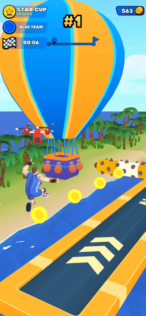 All Stars Challenge - Um personagem saltando em uma pista de corrida tropical com um grande balão de ar quente e boosts de velocidade.