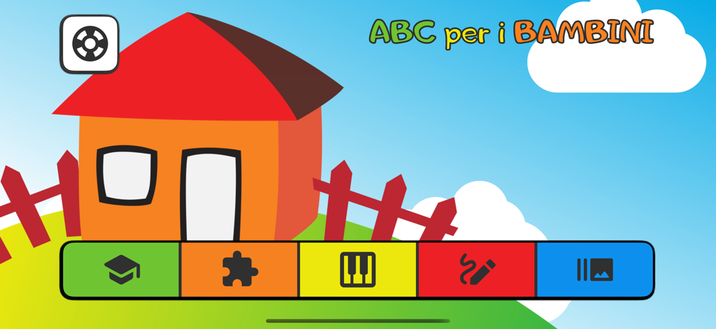 ABC for kids (IT) - ABC for Kids Italian learning app home screen with a colorful house and educational menu icons