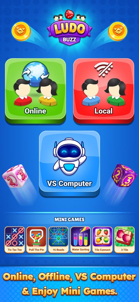 Ludo Buzz main menu showing options for online local and vs computer modes plus mini games