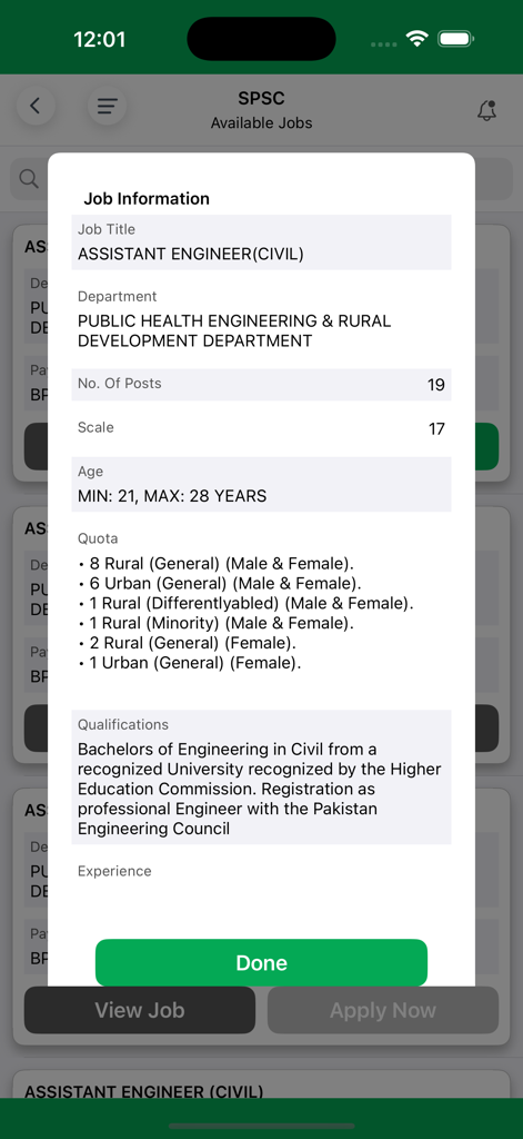 Screen showing job information for Assistant Engineer Civil position in SPSC app