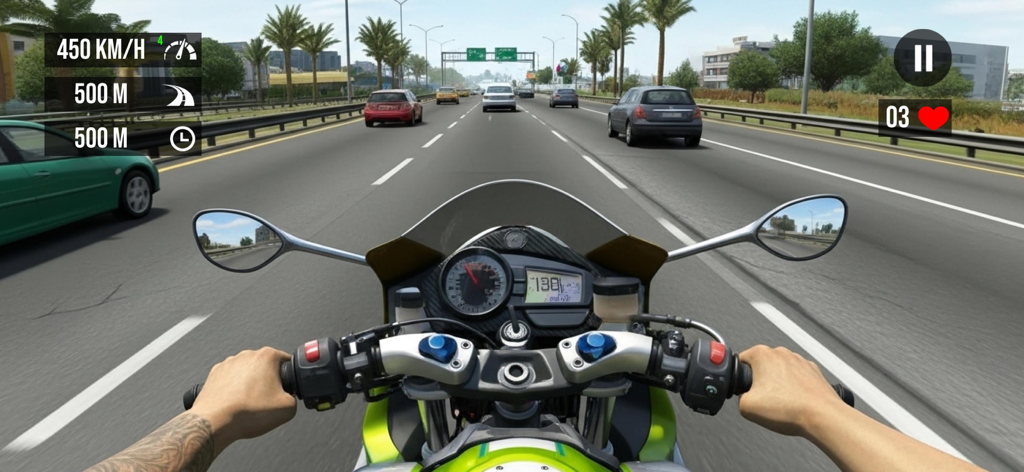 GT Bike Racing Moto Bike Games - First-person cockpit view of a motorcycle racing through highway traffic at high speed