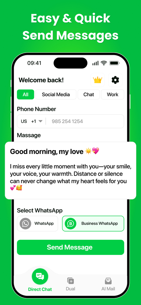 Interface for sending messages from personal and business WhatsApp accounts on one device