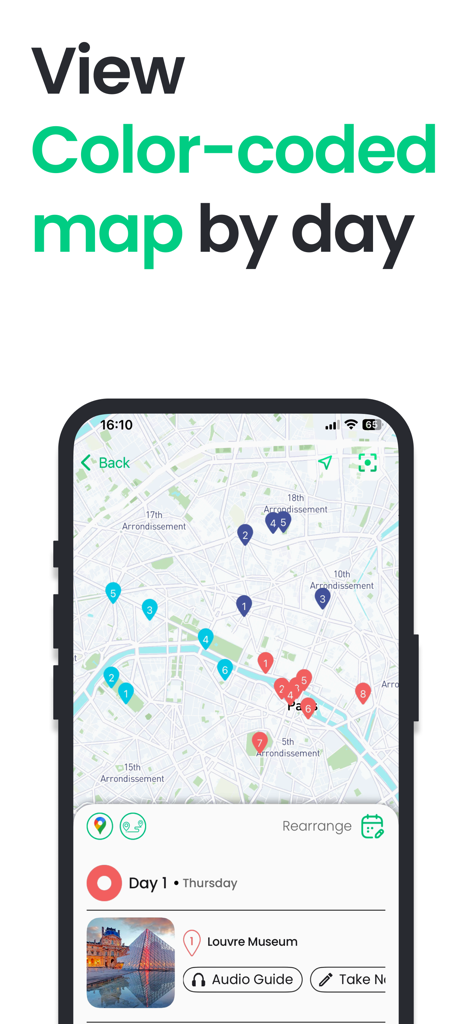 Schermata di un'app mobile che mostra una mappa colorata di destinazioni di viaggio a Parigi organizzate per giorno