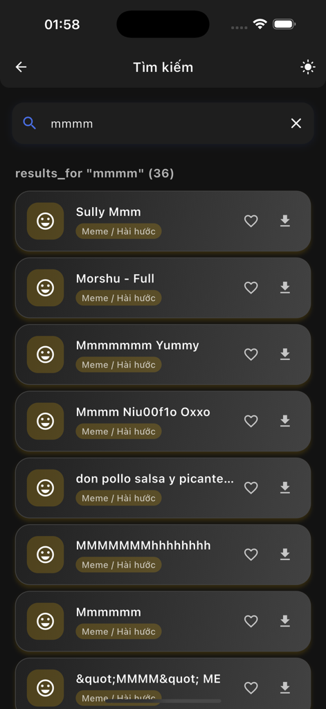 Troll Sounds - A search interface within the Troll Sounds app displaying a list of various meme sound effects ready for download.