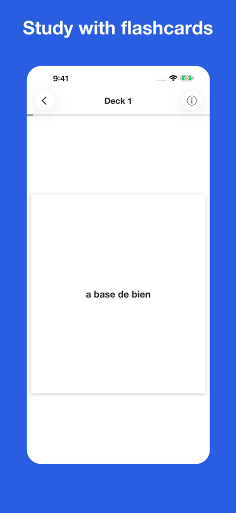 Spanish Idiom Dictionary - Spanish Idiom Dictionary app screen showing a study session with flashcards featuring the phrase a base de bien