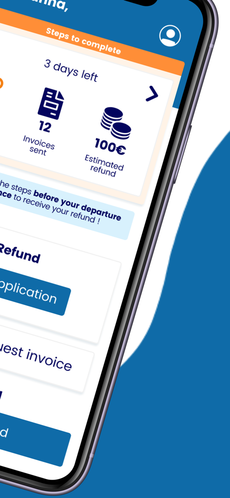 SkipTax mobile app interface showing a summary of twelve uploaded invoices and an estimated tax refund of one hundred euros