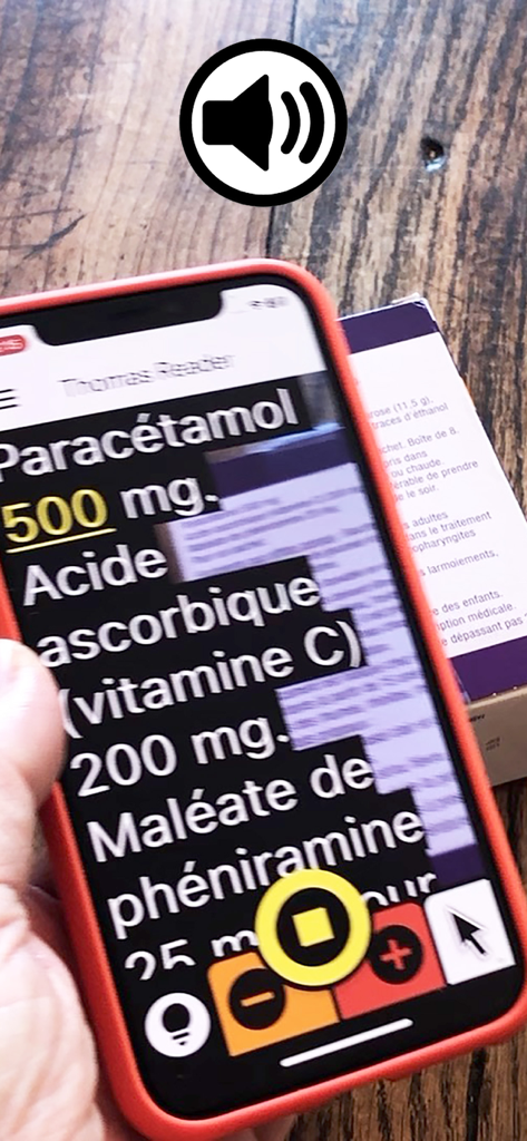 Thomas Reader - Thomas Reader app scanning a medicine box to enlarge and read text aloud