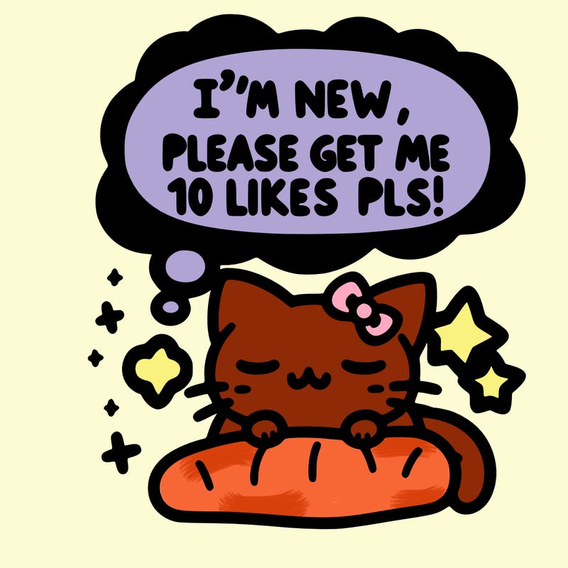 kitty taking a nap dream talking and saying "i'm new, please get me at least 10 likes pls!!"
