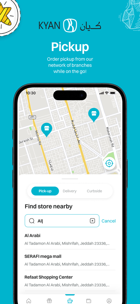 Kyan - Schermata della mappa dell'app Kyan che mostra le posizioni dei bar vicini per il ritiro.