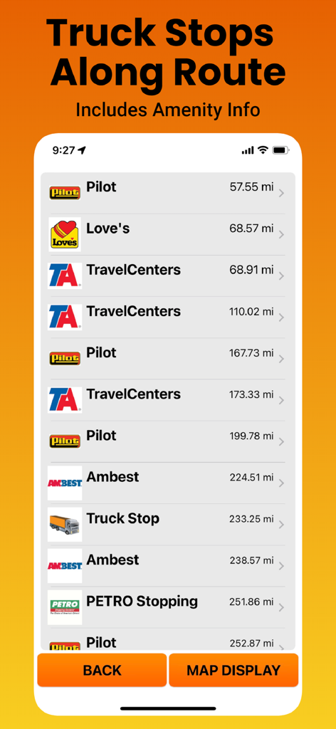 SmartTruckRoute app interface showing a list of nearby truck stops and their distances