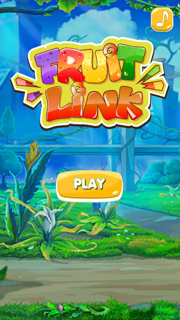 Fruits Legend - Start screen of the Fruits Legend mobile game showing a large play button and colorful title against a garden background