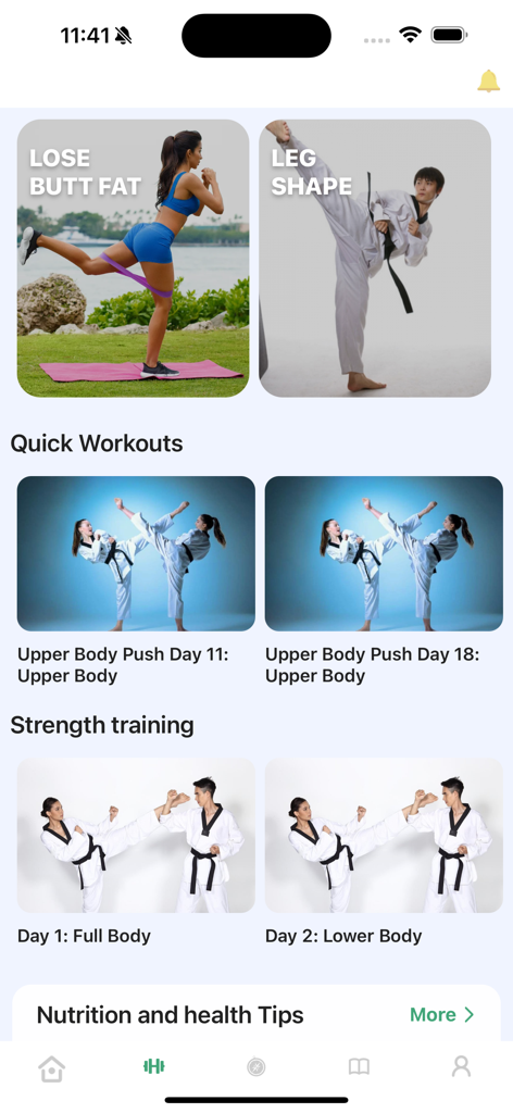 Learn Taekwondo & Workout Pro - A tela inicial do aplicativo Aprenda Taekwondo e Workout Pro mostrando vários programas de fitness e sessões de treinamento de artes marciais.