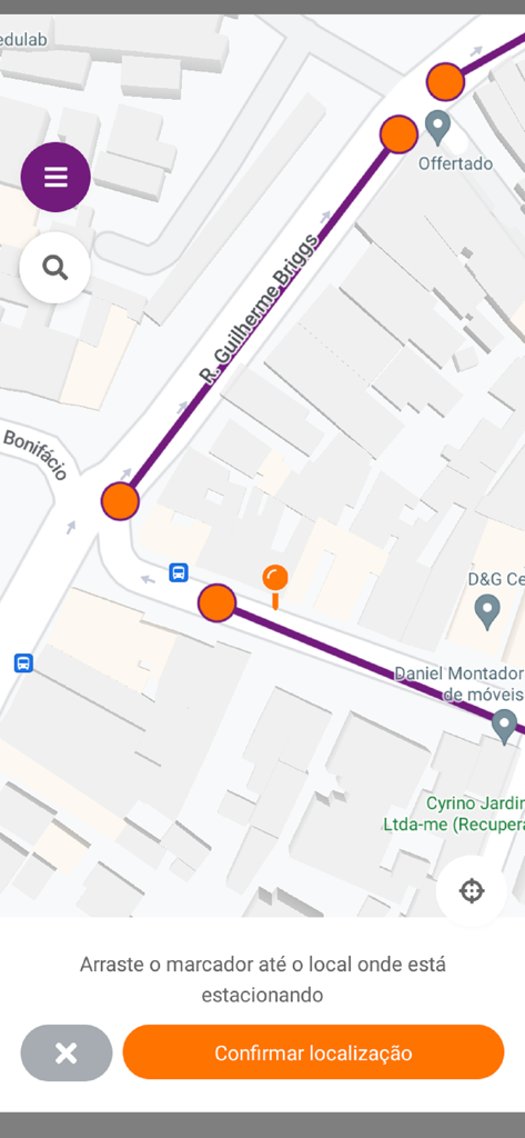 Interface de mapa do aplicativo Niterói Rotativo para selecionar e confirmar um local de estacionamento.