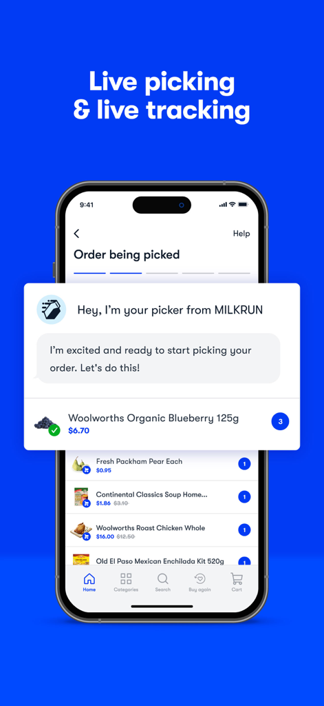 Interface of the MILKRUN app showing live tracking of a grocery order being picked