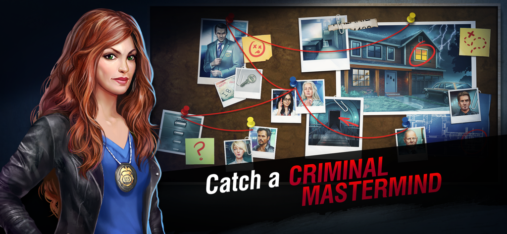 A detetive Kate Gray ao lado de um quadro de evidências com fotos de suspeitos e pistas para pegar um gênio do crime