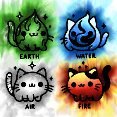 4 cats that represent the different elements, earth, water, air, and fire