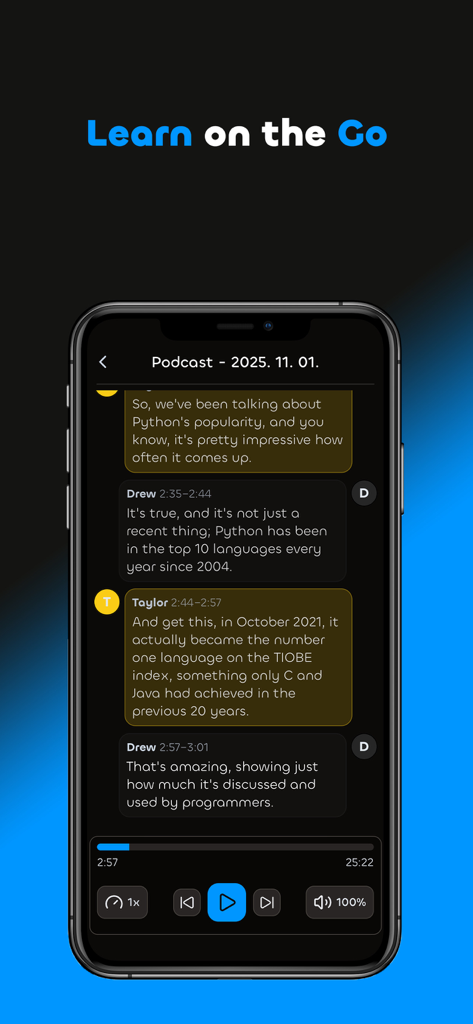 Skillion: Study Smarter - Interfaz de la aplicación de estudio Skillion mostrando un podcast académico generado por IA con transcripción y controles de reproducción.