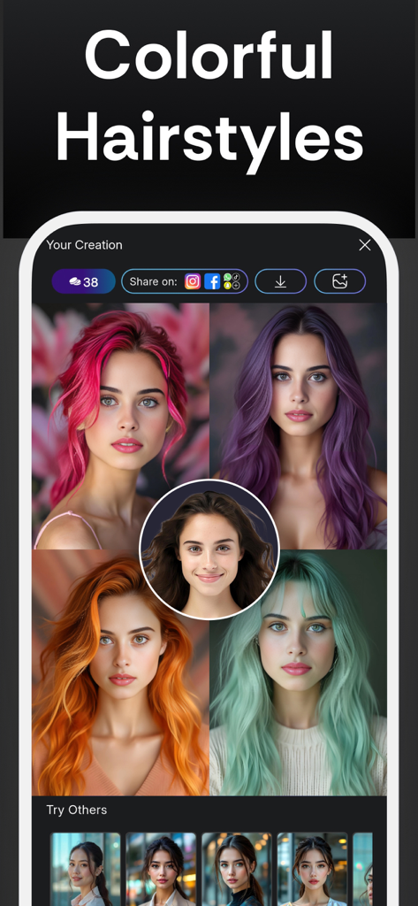 Hair Type: AI Hairstyle Try On - AI mobile app preview of various colorful hair styles on a female model