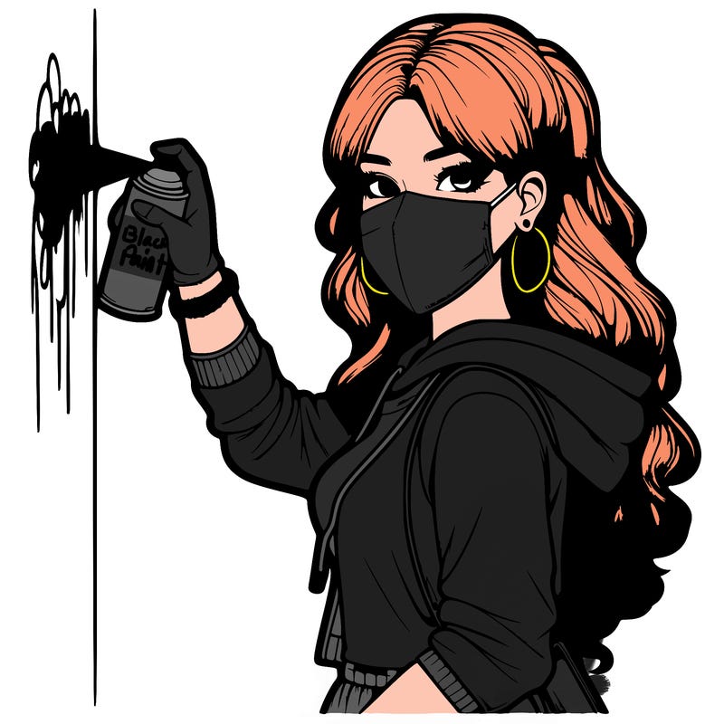 realistic girl with mask spray painting a wall