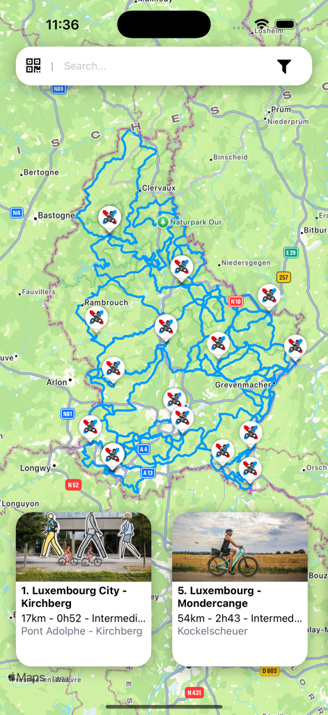 LETSBIKE - Interfaccia dell'app LETSBIKE che mostra una mappa interattiva del Lussemburgo con percorsi ciclabili curati e schede di anteprima per tour specifici
