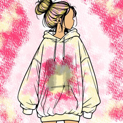 realistic girl with a oversized sweatshirt on and a bun