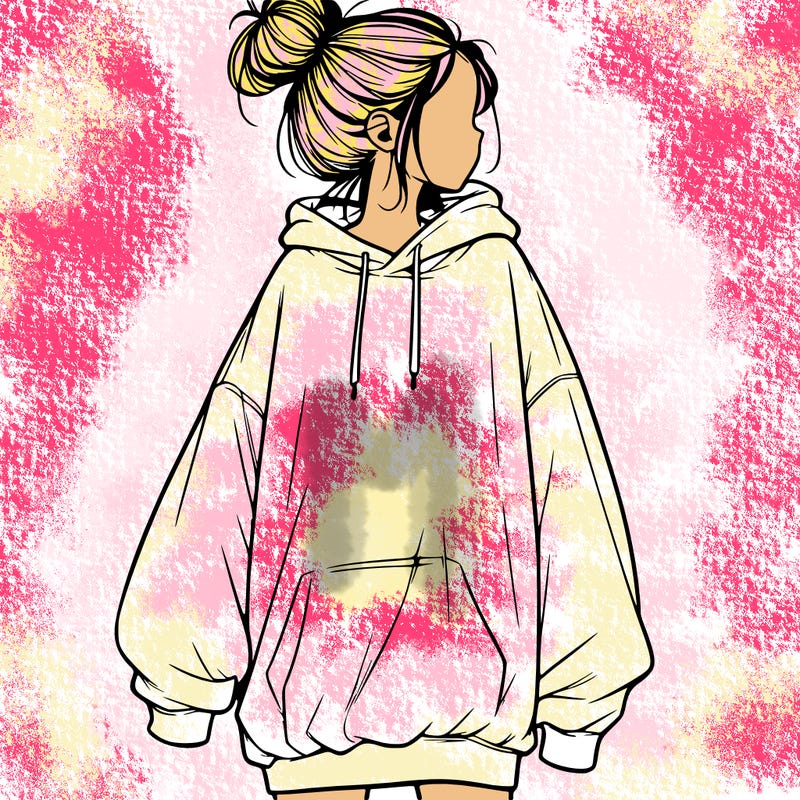 realistic girl with a oversized sweatshirt on and a bun