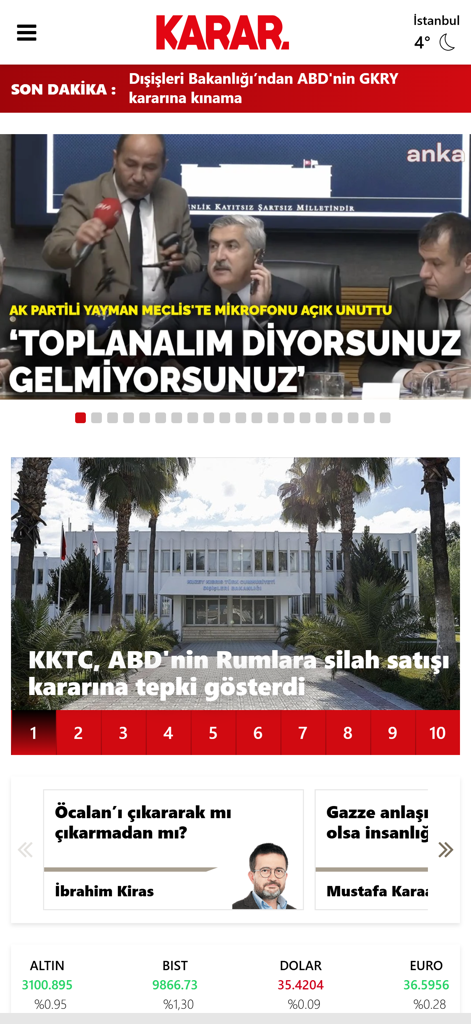 Karar - Homepage of the Karar mobile app showing Turkish news headlines and financial market rates for gold, dollar, and euro