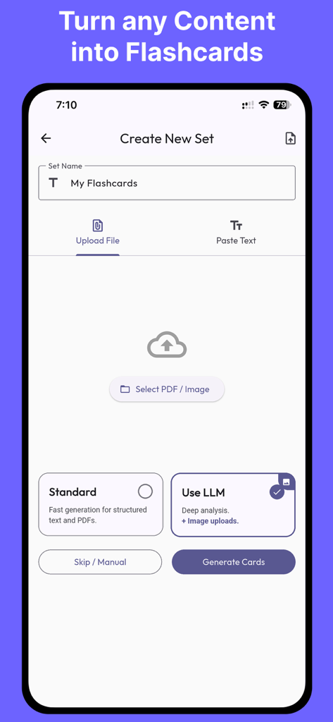 AI Flashcards - Smart Study - Interface for creating a new flashcard set by uploading files or pasting text with options for standard or AI LLM generation
