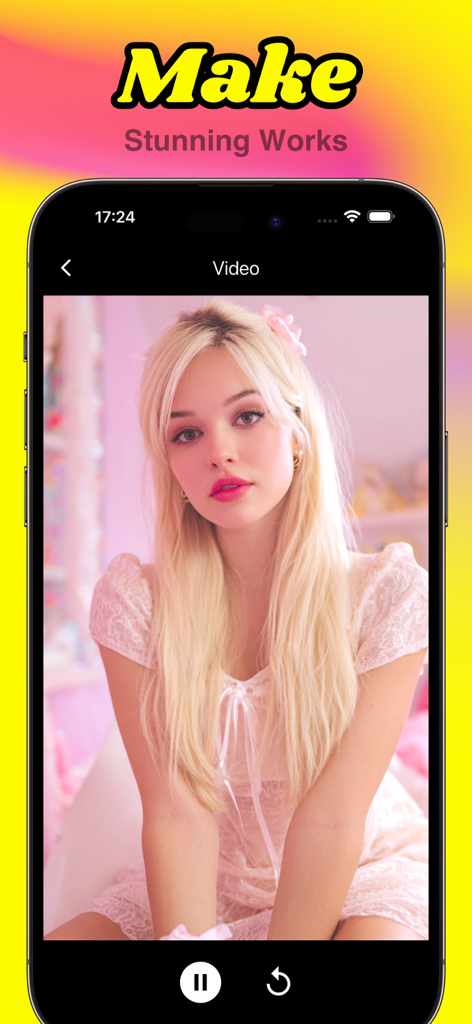 Emyuモバイルアプリのインターフェース。写真から作成されたビデオのプレビューと再生コントロールが表示されています。