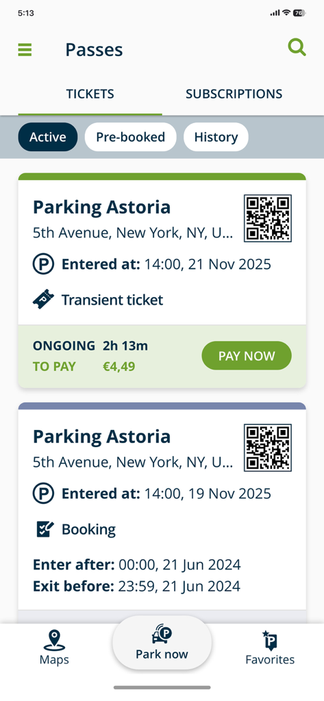 JPass - The active tickets view of the JPass parking app with QR codes and payment buttons