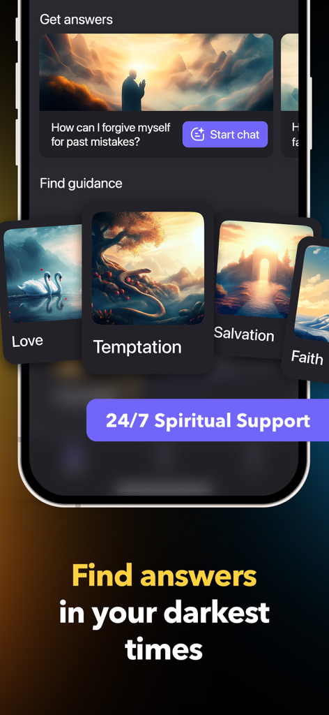 Faithe: Bible Study & Videos - Interfaz de la aplicación Faithe que muestra el chat de apoyo espiritual y temas de orientación como Amor, Tentación y Salvación.