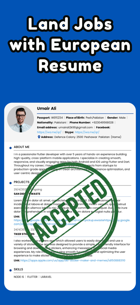 Plantilla de currículum europeo con un sello verde de aceptado sobre un fondo azul