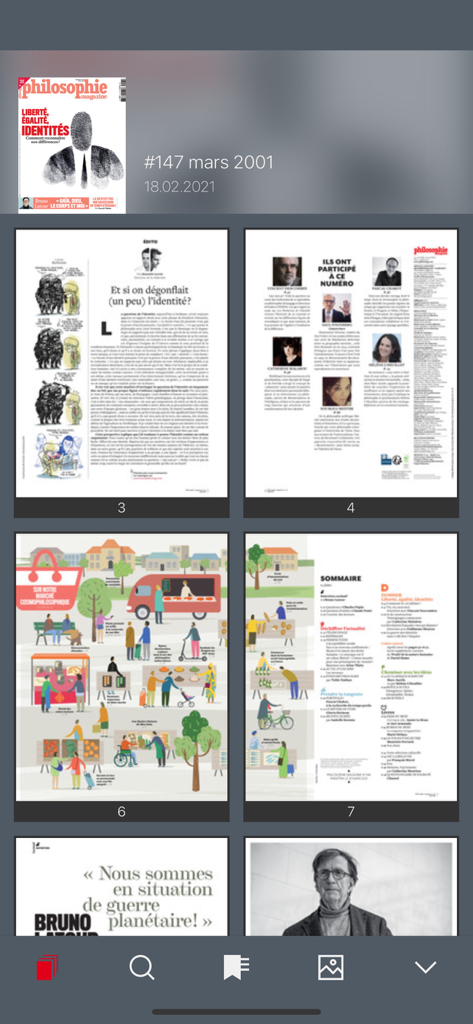 Philosophie magazine - Uma pré-visualização digital da revista Philosophie mostrando uma grelha de páginas incluindo o editorial, índice e uma ilustração colorida.