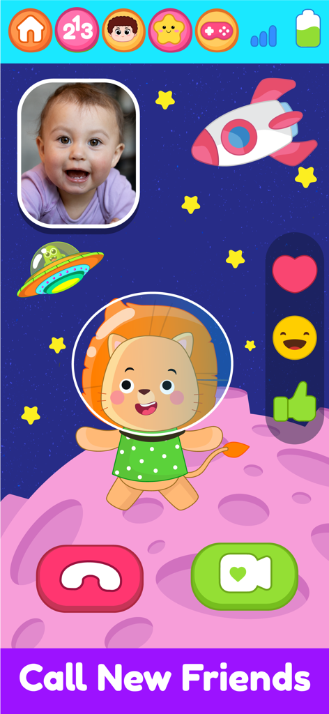 Interactive video call screen for toddlers with a cartoon lion in a space suit
